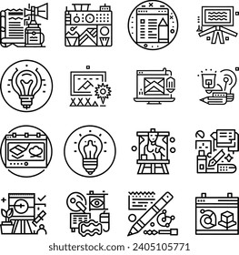 Arte blanco y negro, creatividad y diseño gráfico relacionados con el contorno de trazo editable iconos conjunto de ilustración de vector plano aislado