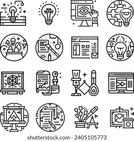 Black and white Art, creativity and graphic design related editable stroke outline icons set isolated background flat vector illustration
