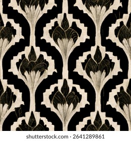 Black and white Art Deco pattern with stylized floral motifs, grunge lines ikat pattern, striped seamless pattern, Vector illustration background for print the paper.