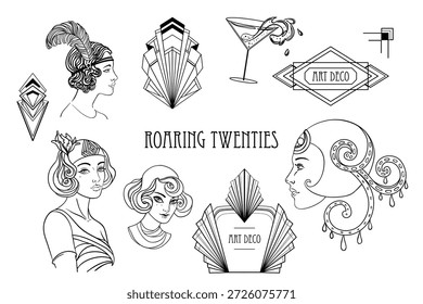 Black and white Art Deco vector set inspired by the Great Gatsby era. Decorative geometric frames and elements