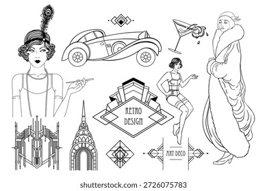 Black and white Art Deco vector set inspired by the Great Gatsby era. Decorative geometric frames and elements