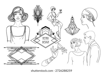 Black and white Art Deco vector set inspired by the Great Gatsby era. Decorative geometric frames and elements