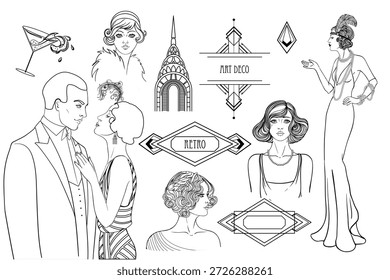 Black and white Art Deco vector set inspired by the Great Gatsby era. Decorative geometric frames and elements