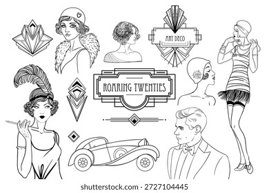 Black and white Art Deco vector set inspired by the Great Gatsby era. Decorative geometric frames and elements