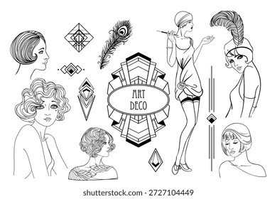 Black and white Art Deco vector set inspired by the Great Gatsby era. Decorative geometric frames and elements