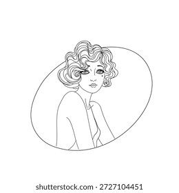 Black and white Art Deco vector illustration of a flapper girl in 1920s style. Clean outline drawing designed as a coloring page, perfect for creative projects, prints