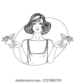 Black and white Art Deco vector illustration of a flapper girl in 1920s style. Clean outline drawing designed as a coloring page, perfect for creative projects, prints
