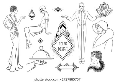 Black and white Art Deco vector set inspired by the Great Gatsby era. Decorative geometric frames and elements