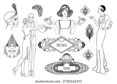 Black and white Art Deco vector set inspired by the Great Gatsby era. Decorative geometric frames and elements