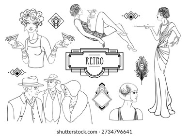 Black and white Art Deco vector set inspired by the Great Gatsby era. Decorative geometric frames and elements