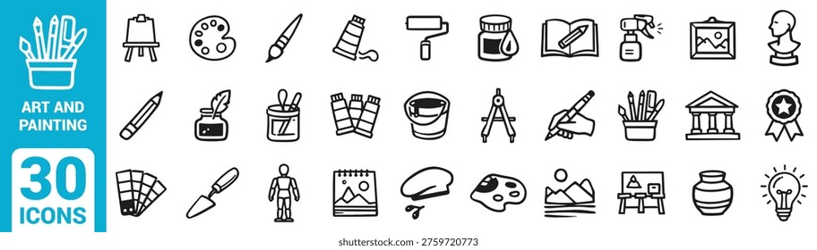 Black and white art and design icon set featuring easels, palettes, brushes, rollers, frames, pencils, quills, spray bottles, bust sculptures, color swatches, and creative studio tools