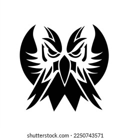 Black and white art of Eagle, good use for symbol mascot icon avatar tattoo. A black and white image of an owl with wings on it's head, with a large, sharp beak