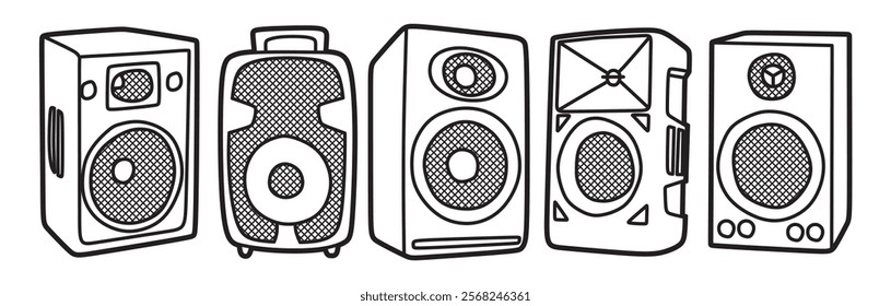 black and white art, five box speaker vector images, simple loudspeaker