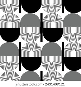 Black and White Art Pattern with simple geometric sharch apes of lines and circles. Boho Rainbow Vector Illustration in minimal style for poster, T-shirt print, cover, banner
