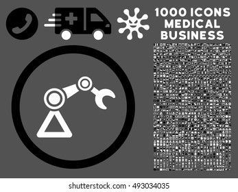 Black And White Artificial Manipulator vector bicolor rounded icon. Image style is a flat icon symbol inside a circle, gray background. Bonus clip art is 1000 healthcare business design elements.