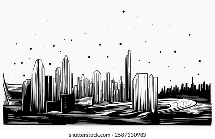 A black and white artistic depiction of a city skyline with tall buildings and a stylized foreground.