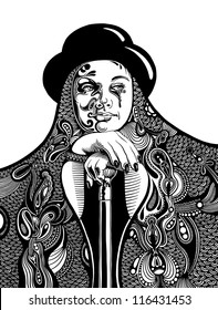 black and white artistic digital drawing of young witch in a hat and with a vintage walking stick