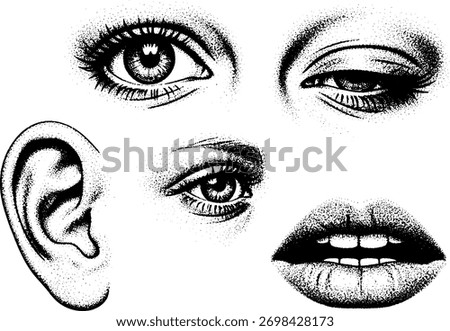 A black and white artistic illustration featuring a montage of human facial elements rendered in a stipple technique.