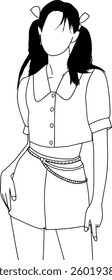 Black and white artistic outline featuring a girl in trendy and unique clothing style, ideal for contemporary and minimalist design concepts.