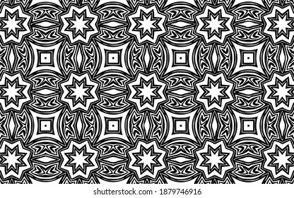 Black white artistic pattern of geometric shapes and flowers in Mexican, African, Indian style Ethnic traditional background for coloring, wallpaper, textile.