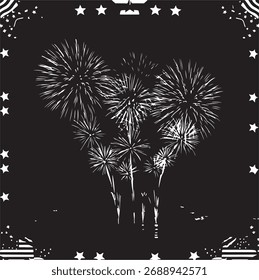 Black and white artistic rendering of a heart shaped firework display against a dark background with decorative borders