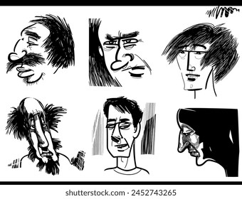 black and white artistic sketch cartoon illustration of people characters caricatures or drawings set