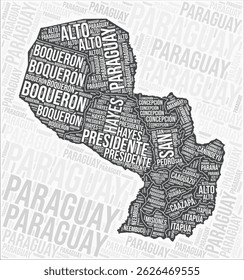 A black and white artistic vector illustration featuring a word cloud of Paraguay's regions. The design is a modern, creative map showcasing the names of various areas in Paraguay, blending typography and geography.