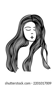 A black and white Artline of girlgirls with beautiful hair blown by the wind 
