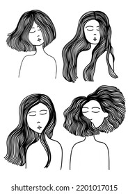 A black and white Artline of girlgirls with beautiful hair blown by the wind 