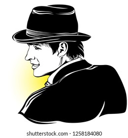 Black and white artwork of man i hat. Retro style drawing. Catalogue image template for design layouts.