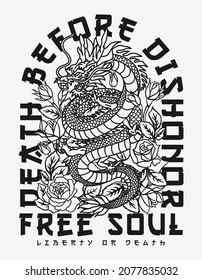 Black and White Asian Dragon with Roses with A Slogan Vector  Artwork on White Background For Apparel and Other Uses