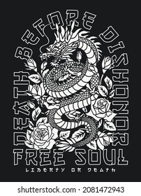 Black and White Asian Dragon with Roses with A Slogan Vector  Artwork on Black Background For Apparel and Other Uses