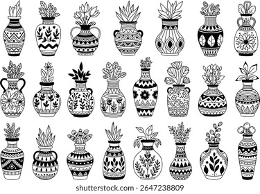 Black and White Assortment of Decorative Vases Featuring Plants, Flowers, and Tribal Style Art with Intricate Patterns