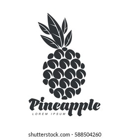 Black and white assymmetric graphic pineapple logo template, vector illustration isolated on white background. Stylized graphic pineapple logotype, logo design