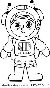 Black and white astronaut boy. Vector illustration.