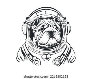 Black and White astronaut Bulldog vector illustration, Astronaut dog Silhouette