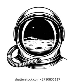 Preto e branco de um capacete de astronauta com um reflexo de uma paisagem lunar e céu estrelado um fundo branco