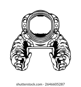 Black and White Astronaut Holding Frame, Space Suit Vector Illustration.