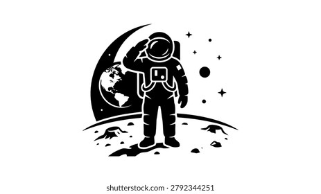 Black and white astronaut icon on moon with earth and stars
