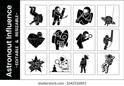 Black And White Astronaut Illustration Collection In Various Poses In Space Creative Design