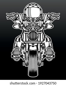 Black white astronaut riding motorcycle. Premium vector.