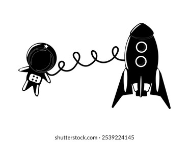 Black and white astronaut in space and rocket, silhouettes - horizontal vector illustration for design