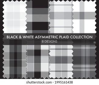 Black and White Asymmetric Plaid seamless pattern collection includes 8 designs for fashion textiles and graphics