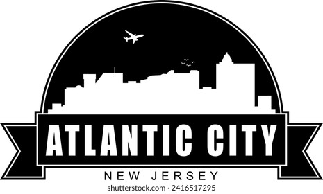 Black and white Atlantic city buildings skyline negative air space silhouette dome shaped emblem with scroll banner below and name text inside. Vector eps graphic design.