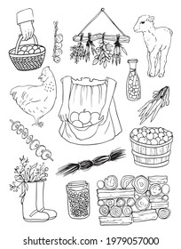 Black and white atmospheric vector drawings of a farm and household
