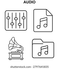 Black and white audio icon set with equalizer mixer, music file, gramophone and music folder for audio storage design for music and sound design