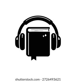Libro de Vector del icono del audiolibro en blanco y negro con auriculares Educación minimalista y logotipo de lectura
