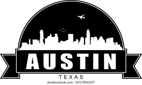 Schwarz-Weiß Austin Texas Gebäude skyline negative Luft Raum Silhouette Kuppel-Emblem mit Scrollbanner unten und Namen Text innen. Vektorgrafik-Design.