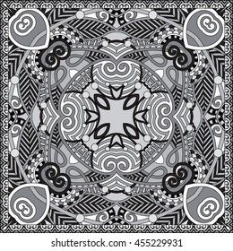 black and white authentic silk neck scarf or kerchief square pattern design in ukrainian style for print on fabric, vector illustration