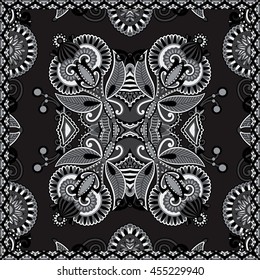 black and white authentic silk neck scarf or kerchief square pattern design in ukrainian style for print on fabric, vector illustration